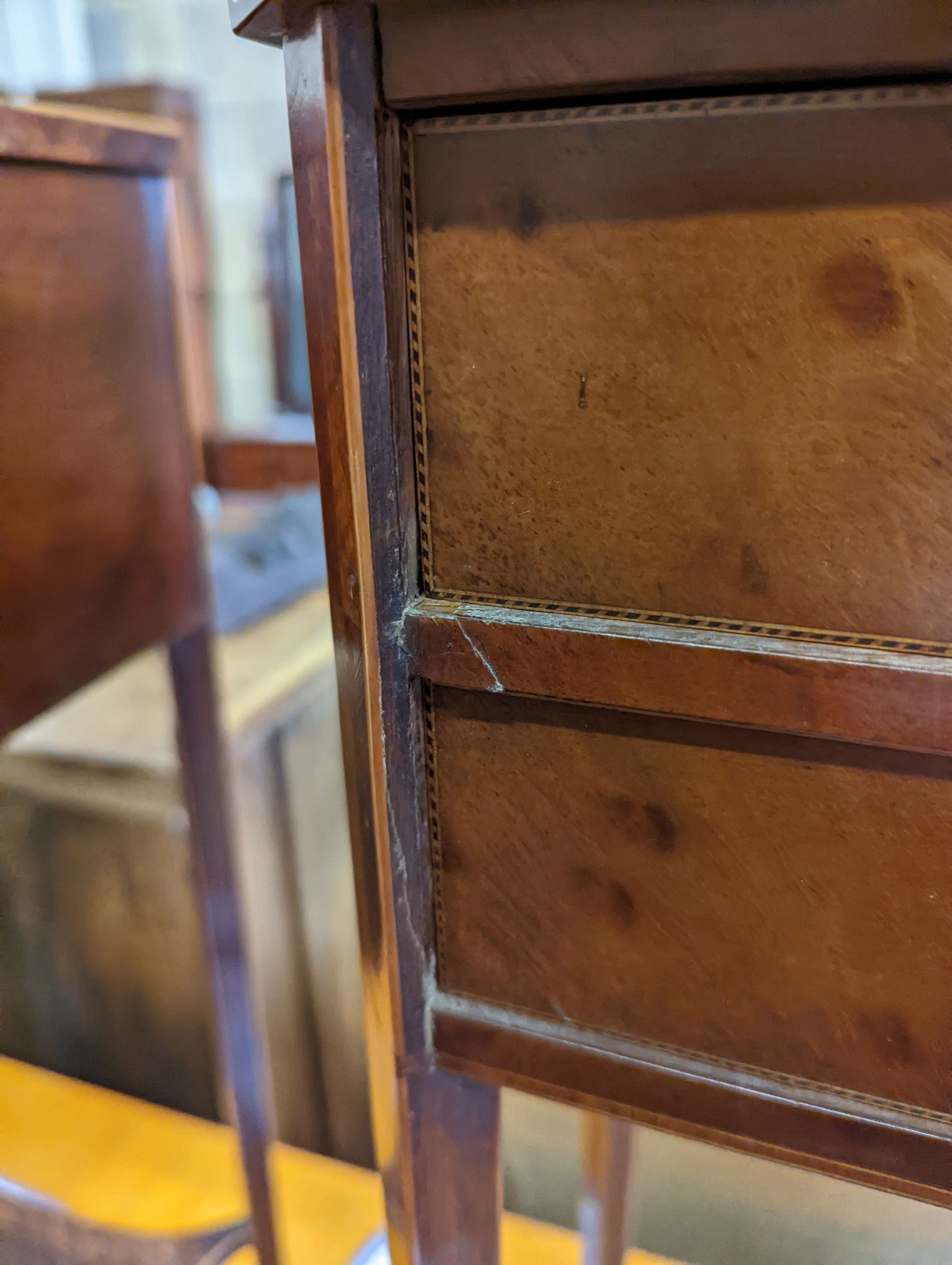 A pair of Sheraton revival inlaid mahogany two drawer bedside tables, width 30cm, height 67cm
